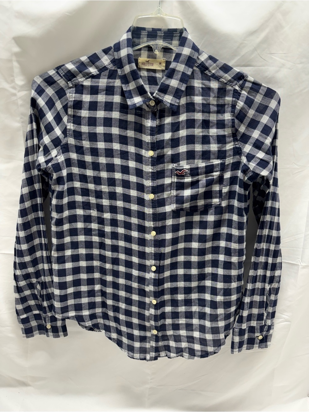 HOLLISTER WOMENS BLOUSE TOP SHIRT SZ M NAVY WHITE CHECKER LS POCKET LOGO
